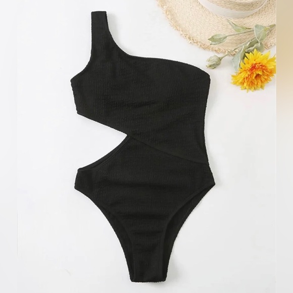 Black Cutout One Piece Swimsuit One Shoulder Waffle-Knit Monokini SIZE S/M - Picture 2 of 4